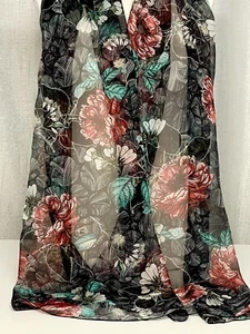 Silk Scarf Chiffon Red Peony Peonies Flowers Teal Green Black Pure Mulberry Silk - Bild 1 von 5