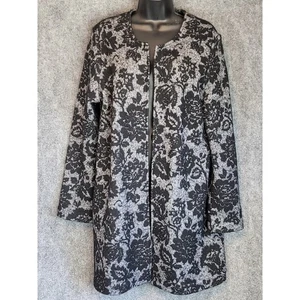 Cynthia Rowley Damen Schwarz Blumen Jacquard Staubmantel Gr. L Cottagecore Arbeit - Bild 1 von 7