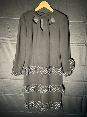 Vestido vintage Bill Blass negro con volantes de lunares blancos mangas talla 4 Foto 1 de 4