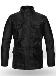 Military M-65 Leather Jacket Rich Black Men's Trendy Coat Button Closer Lambskin - Picture 1 of 7