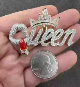 14K Yellow Gold Plated 3Ct Moissanite Queen Crown & Lipstick Customize Pendant - Picture 1 of 9