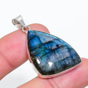 Feuerfester Labradorit 925 Silber vergoldet Handarbeit Anhänger von 1,56" - Bild 1 von 3