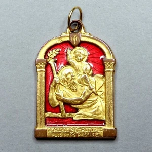 Saint Christopher & Jesus. Antique Religious Enamel Pendant. French Large Medal. - Picture 1 of 5