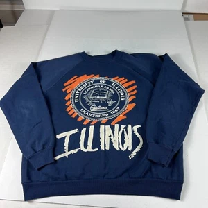 VTG 90s University Illinois Fighting Illini Sweatshirt Large Blue Faded Crewneck - Picture 1 of 15