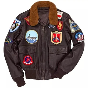 Men’s Top Gun G1 Flight Genuine Leather Jacket Embroidery Patches Bomber Jacket - Picture 1 of 4