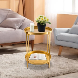 2-Tier Rund Beistelltisch Sofatisch Couchtisch Nachttisch Gold Eisen mit Tablett - Bild 1 von 16