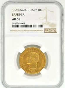 1825 Eagle L Italy 40 Lira Sardinia NGC AU 55 Gold Coin KM# 120.1 Vatican States - Picture 1 of 2