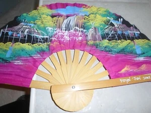 Beautiful 17 x 10"" Hand Painted Thailand Bamboo and Silk Fan pink w scenery NEW - Picture 1 of 2