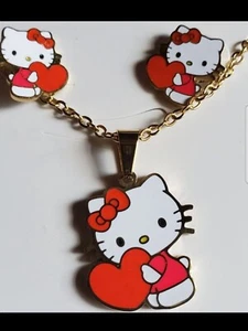 Hello Kitty Stainless Steel Set Pendant w Chain and Earrings .girls jewelry Set - Picture 1 of 2