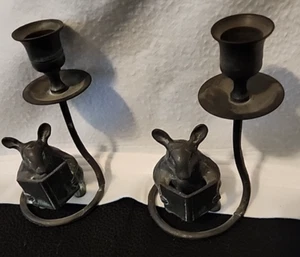 Pair Of Reading Mouse Candle Holders, Vtg San Pacific Int. Bronze, 6 In Tall - Picture 1 of 3