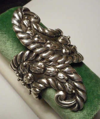 Vintage Mexican Taxco 980 Sterling Scroll Clamper Bracelet w Cactus Motif 69.3g - Image 1 of 4