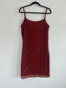 Express Vintage 90er rot Seide Perlen bestickt Minikleid Empire Taille Größe 11 - Bild 1 von 11