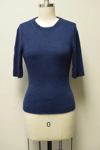 Poetry Fashion Blue Ribbed Short Sleeve Sweater Wool Cotton Size 8 Small Fitted - Picture 1 of 5