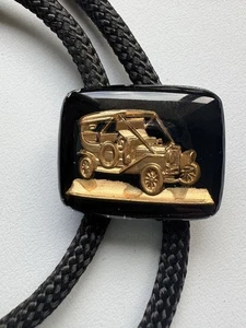 Vintage Bolo Tie with Gold Model T Car Design on Black Resin Slide – Western - Picture 1 of 11