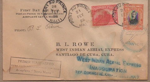 1928 Haiti "West Indian Aerial Express" 1st Day Air Mail Haiti to Santiago Cover
