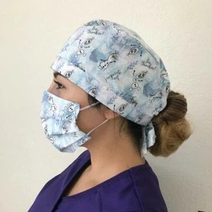 Cotton scrub hat cap w/face mask | tie back w/adjustable elastic | Frozen - Picture 1 of 3