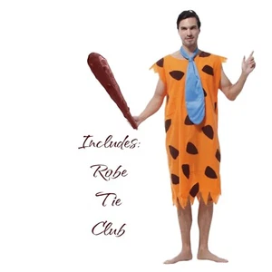 Erwachsene M orange Steinzeit Höhlenmensch Feuerstein Kostüm Tunika, Krawatte & 25" Plastik Club - Bild 1 von 11