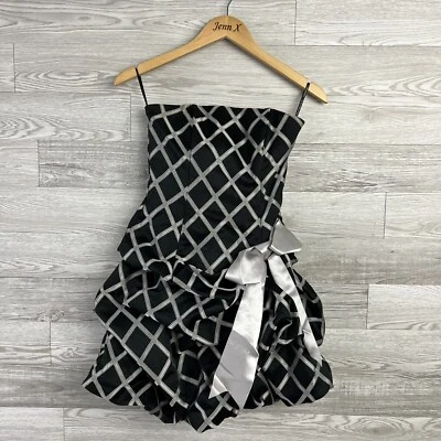 Jessica McClintock Y2K Black & White Tiered Bow Dress Vintage Women 4 Made USA - Image 1 of 4