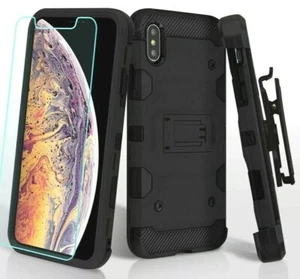 For iPhone X / XS / 10S - HARD HYBRID ARMOR CASE BLACK HOLSTER with BELT CLIP - Picture 1 of 6