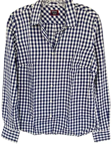 UNTUCKit Women's Size 2 Belleza Navy Blue Gingham Button Down Shirt Pocket - Picture 1 of 6