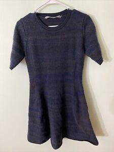 Athleta Fit & Flare Sweater Dress Gray Blue Striped Ribbed Short Sleeve 459198 S