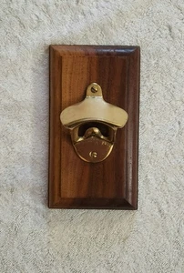 Vintage Brass Wall Mount Beer Cap Bottle Opener Brass Mounted on Wood  - Picture 1 of 2