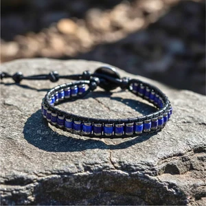 Minimalistisches Hämatit Lapislazuli Armband Schutzstein Lederarmband Geschenk - Bild 1 von 2