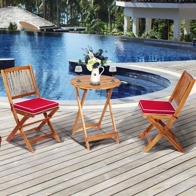 Patio 3PCS Folding Wooden Bistro Set Cushioned Chair Conversation Garden Red - Image 1 of 4