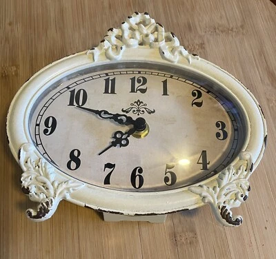 French Country Shabby Chic White Pewter Table Clock Decor - Image 1 of 4