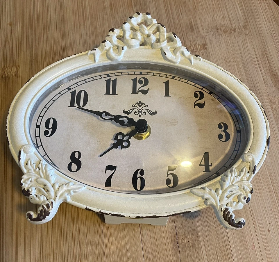 French Country Shabby Chic White Pewter Table Clock Decor - Image 1 of 4