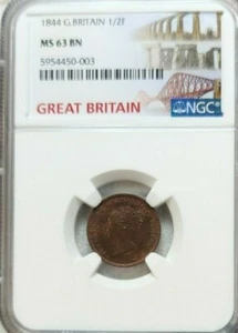 1844 GREAT BRITAIN 1/2 FARTHING VICTORIA YOUNG HEAD NGC MS 63 SCARCE HIGH GRADE - Picture 1 of 4