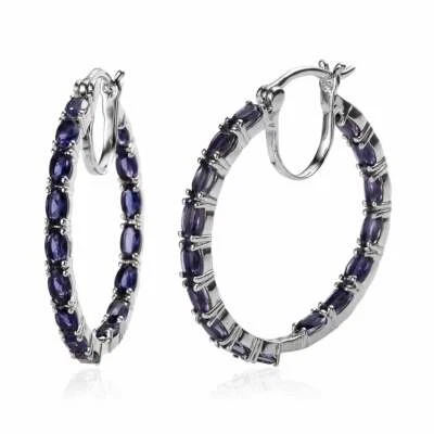 Pendientes de aro de plata de ley 925 de adentro hacia afuera de iolita azul natural de 5x3 mm de corte ovalado Foto 1 de 4