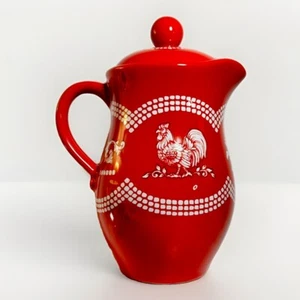 Pitcher & Lid - Temp-Tations by Tara Doodle Doo White on Red Rooster 2Qt Ceramic - Picture 1 of 9