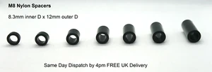 Spacers Nylon M8, 8.3mm iD x 12mm outer D x 10 15 20 25/ 30H Pack of 10 MUST GO - Picture 1 of 4