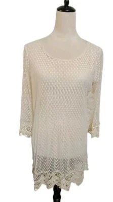 Kori Open Crochet Sheer Pullover Top Beige 3/4 Sleeve Asymmetrical Hem SZ Medium - Image 1 of 4