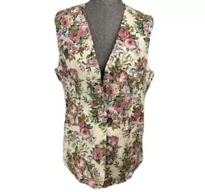 Talbots Floral Longline Vest Size 10 100% Linen Ivory Rose Pink Green Button Up - Picture 1 of 10