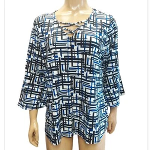 Robert Louis Black White Blue Abstract CrissCross VNeck Bell Sleeve Blouse - Picture 1 of 16
