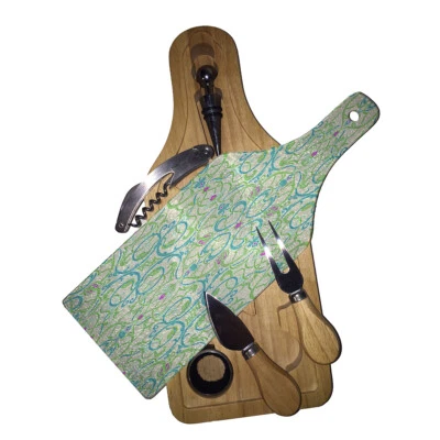 Cutting Board Wine and Glass Cheese Board Gift Set Arabesque Eastern Patterm - Image 1 of 3