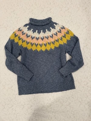 L.L.Bean Mujer LG Cuello Embudo Algodón Trapo Pullover Tejido Suéter Azul Fair Isle Foto 1 de 4