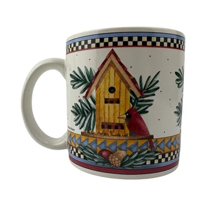DEBBIE MUMM Pine Cone Coffee Mug VTG 1998 Sakura Birdhouse Cardinal Acorn Berry - Picture 1 of 7