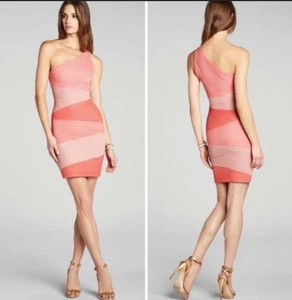 BCBG Max Azria Coral Colorblock KIRA Ruched One Shoulder Bodycon Dress Size XXS - Imagen 1 de 10