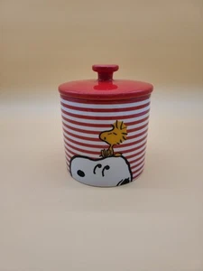 Peanuts New Snoopy Woodstock Ceramic Canister Cookie Jar New Red Stripes 6.5 In - Picture 1 of 17