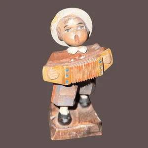 Estatuilla italiana vintage de madera tallada a mano Anri acordeón para jugar a niños 3" B9 - Imagen 1 de 5