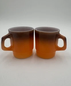 Fire King Anchor Hocking Lot Of 2 Orange Brown Stackable Coffee Mugs USA MADE - Picture 1 of 9