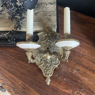 Vintage Spanish Colonial Revival Mid 20th Century Cast Brass 2 Arm Sconce - Image 1 of 4
