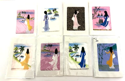 Lote de 8 NUEVAS Tarjetas de Felicitación Estilo Japonés Tela de Seda Interior en Blanco con Sobres Foto 1 de 3