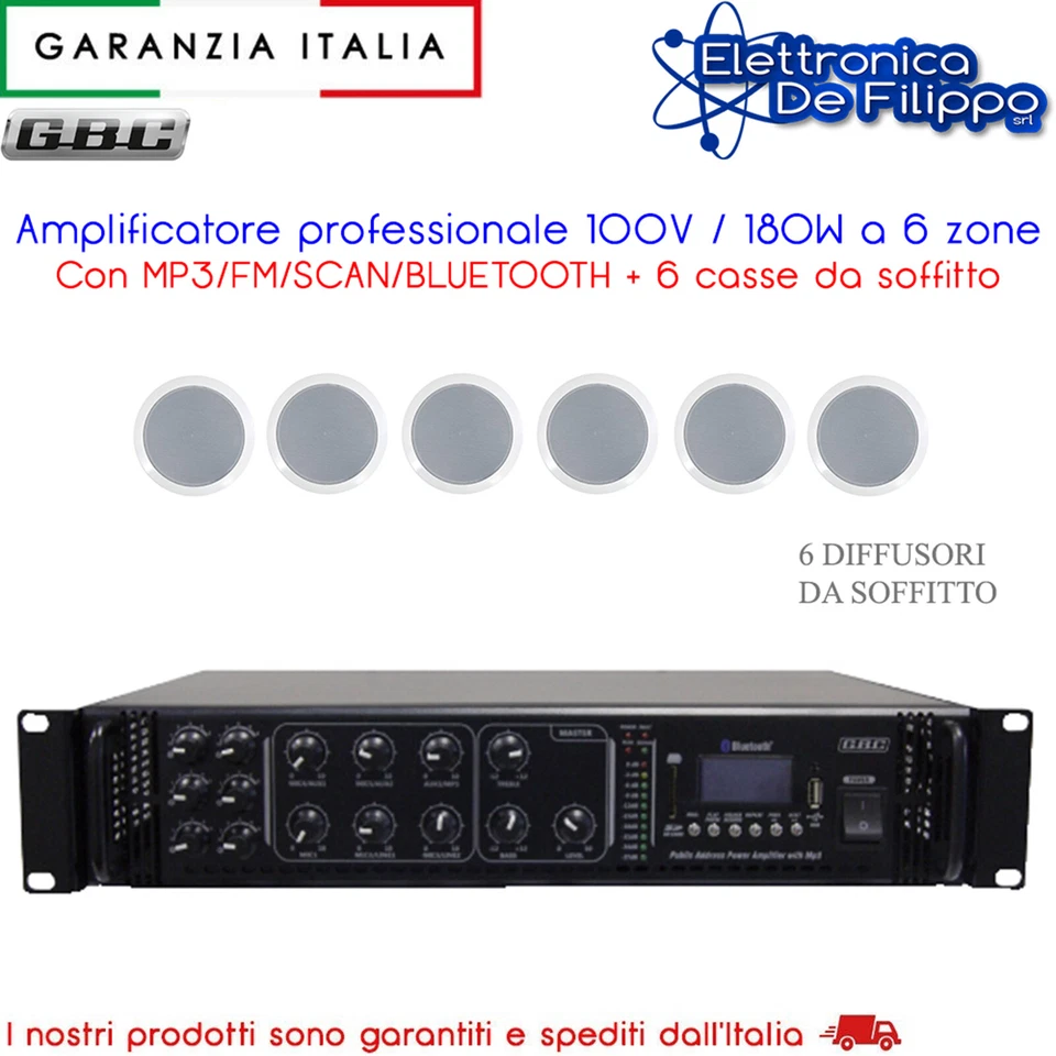 AMPLIFICATORE PROFESSIONALE 100V 180W 6 ZONE MP3 BT CON 6 CASSE - Immagine 1 di 4