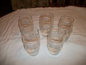 VINTAGE SET OF 5 ETCHED FRUIT/VINE WITH GOLD TRIM GLASSES - Picture 1 of 7