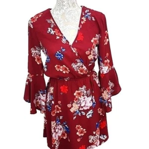 Trixxi Mujer Mini Vestido Borgoña Floral Manga Larga Campana Imitación Envoltura XS - Imagen 1 de 9