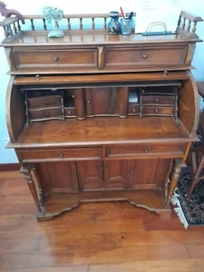 Teak roll top desk with multiple drawers, pigeon holes inside and shelves above - Picture 1 of 3